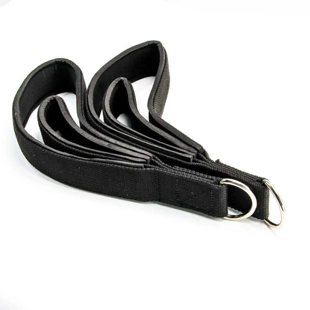 Black Pilates Soft Padded Double Loops featuring durable stitching and metal D-rings, designed for comfort and versatility in Pilates workouts.