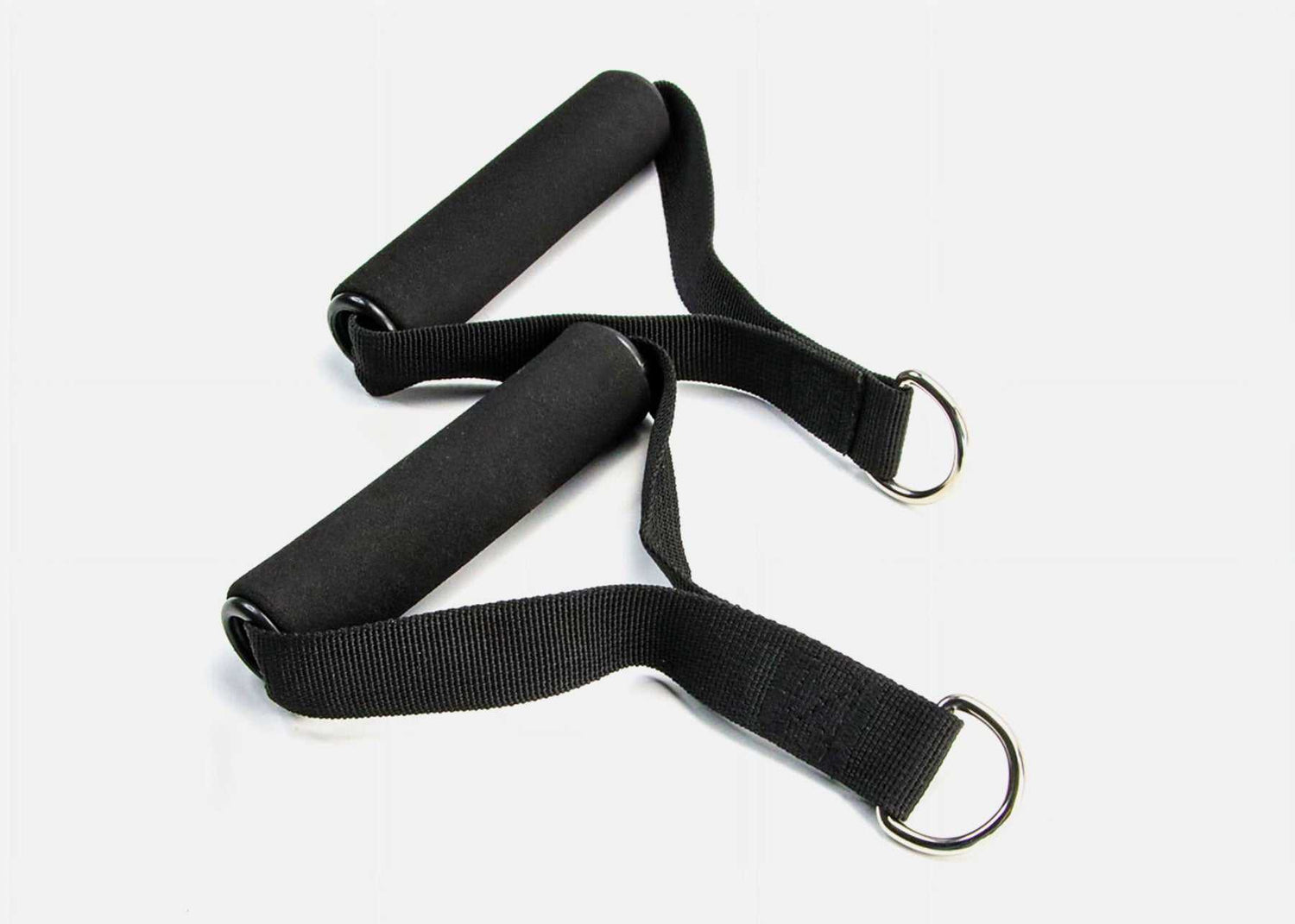 Pilates Foam Grip Handles (pair) with black straps and metal D-rings for Reformer or Cadillac attachment. Ideal for Pilates arm spring exercises.
