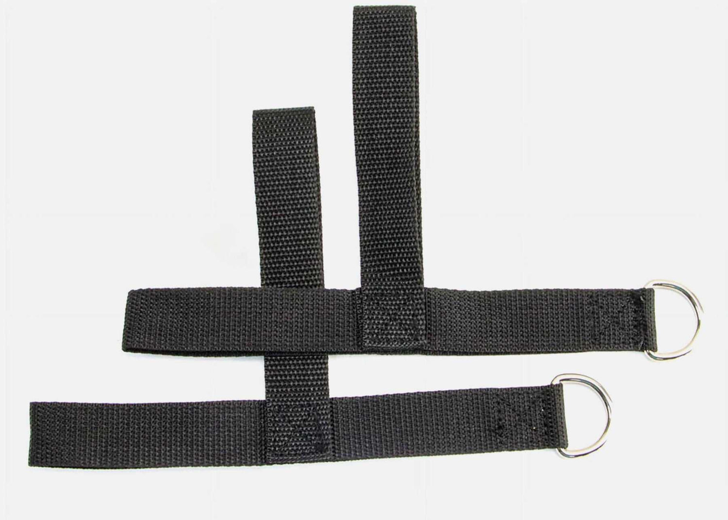 Pair of black Pilates Y-loops cotton straps with D-rings, designed for Reformer and Cadillac exercises. Ideal for secure and comfortable grip.
