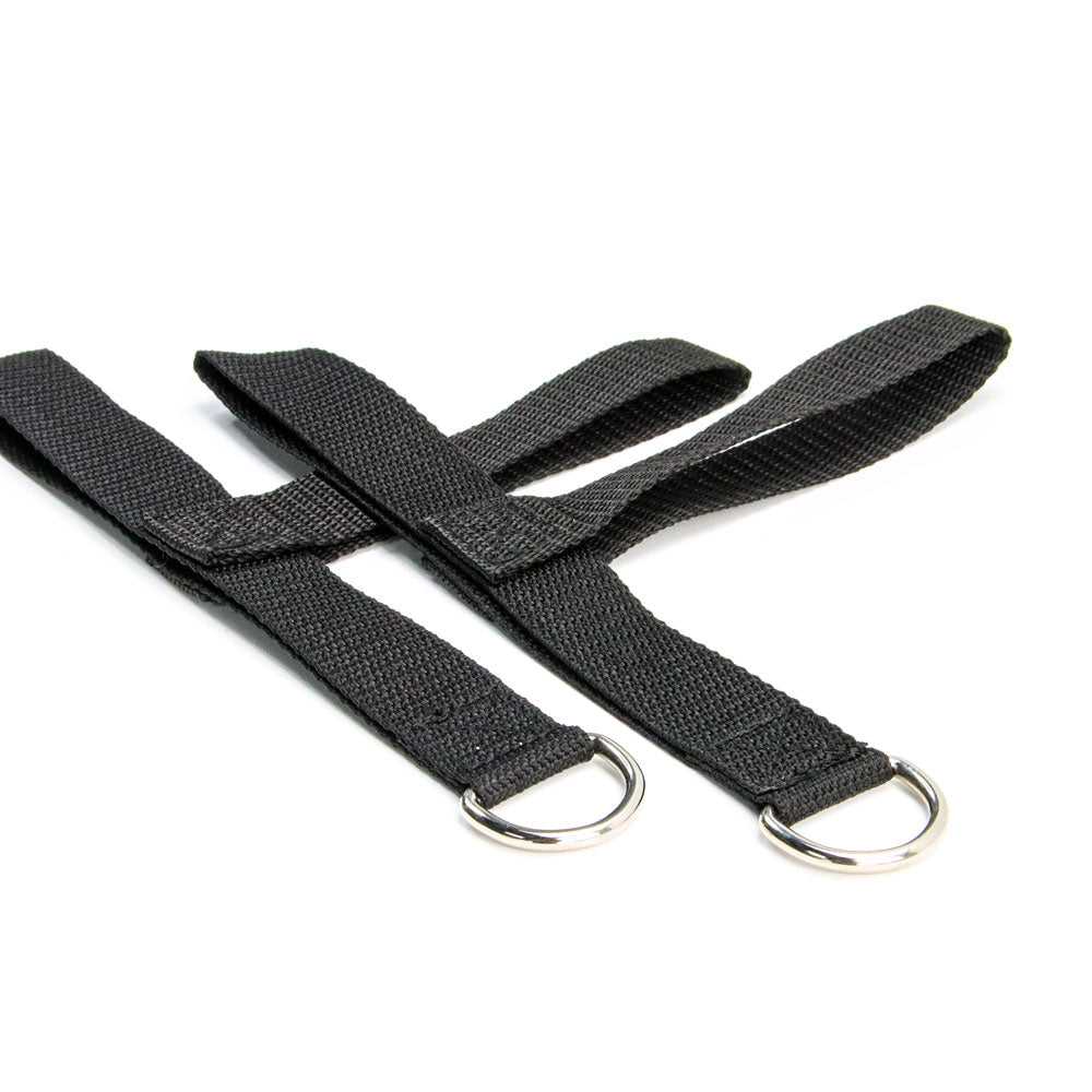 Angled view of Pilates Y-loops cotton strap pair with durable stitching and metal D-rings, used in Pilates Reformer workouts for enhanced support.