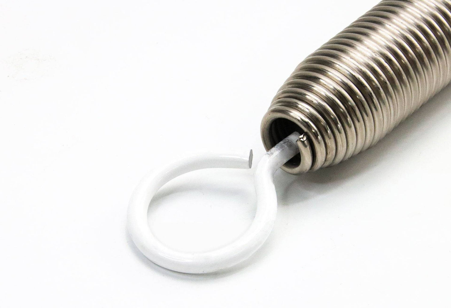 Detailed view of white hook end on Pilates Chair Spring Replacement for Balanced Body Equipment, highlighting anti-rust finish and secure attachment.