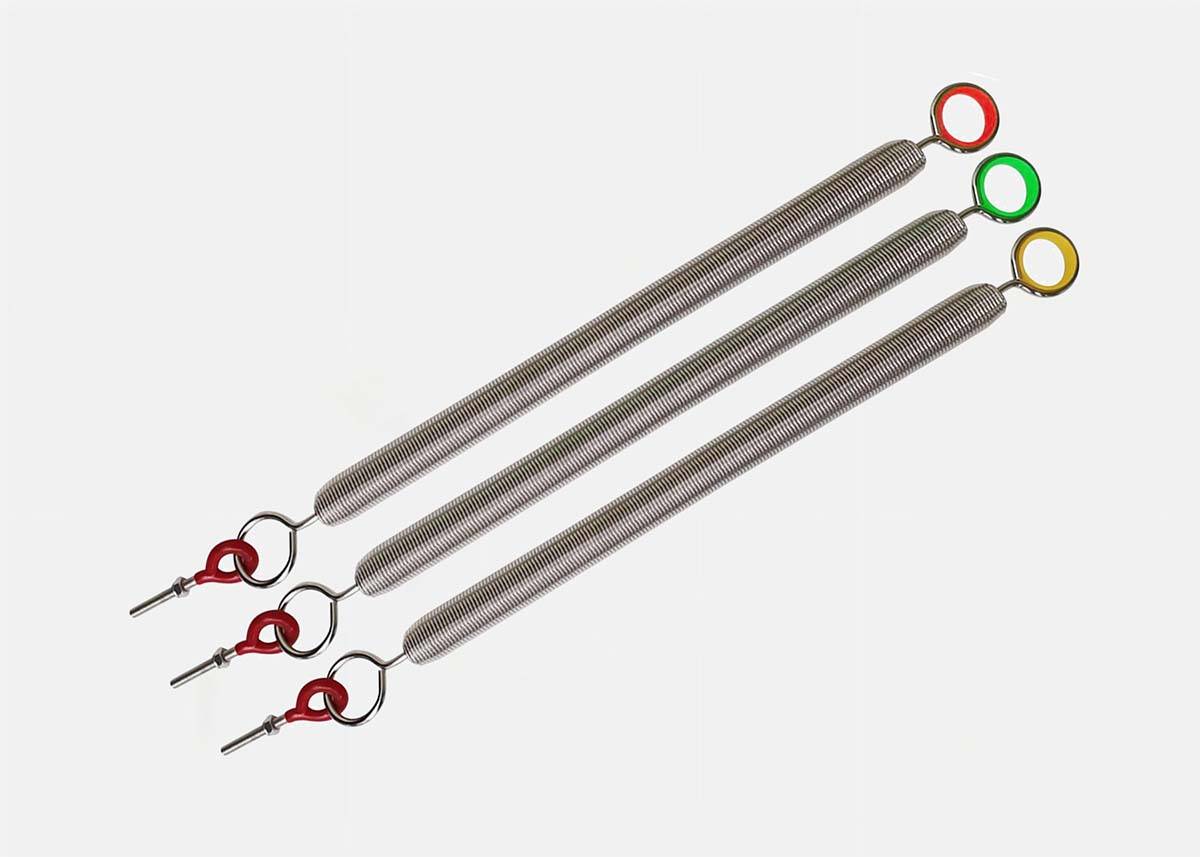 Pilates Reformer Springs for Replacement with red, green, and yellow color-coded hooks, made of high carbon steel and nickel-plated for rust resistance.